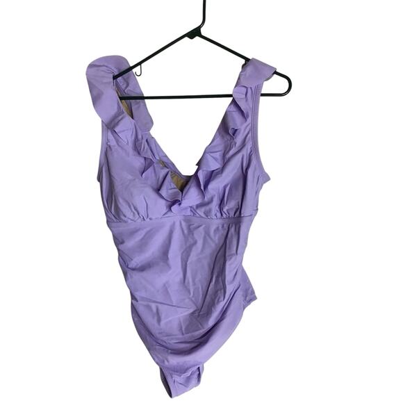 Shade & Shore Women One Piece SwimSuit Sz.16 Purple NWT Flutter Sleeve Slimming - Picture 2 of 9